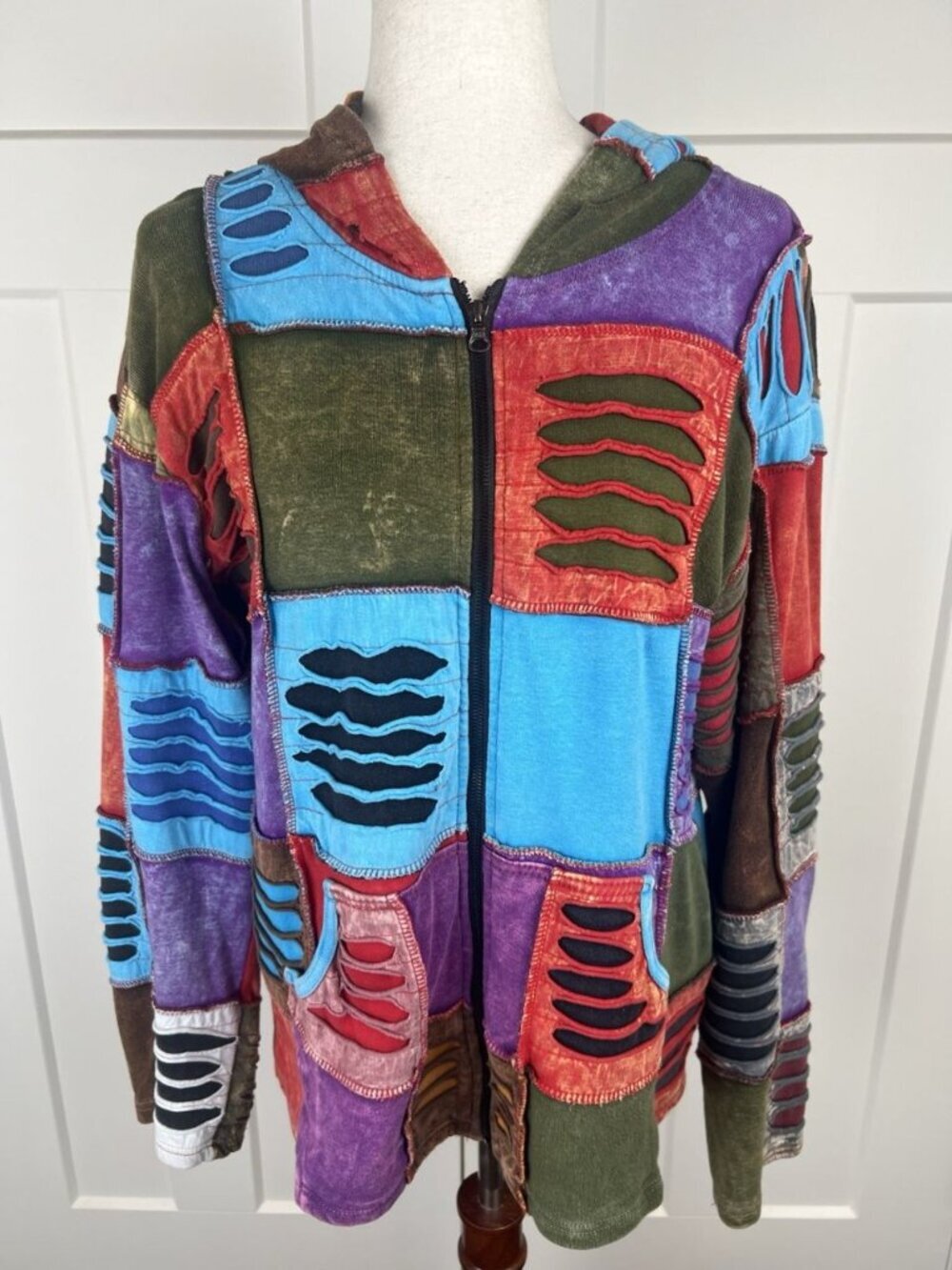 Rising International Patchwork Hoodie Jacket L Boho Festival Distressed Full Zip